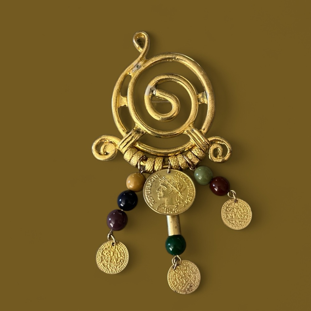 Swirly Gold Tone Brooch Dangling Beads & Coins Vintage